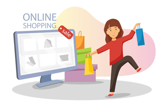Online shopping concept. Website on the monitor. Happy shopping girl. Marketing and digital marketing. Online store. Vector cartoon illustration