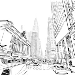  New York. USA. Hand drawn city. Urban sketch. Unusual perspectives. Vector illustration.