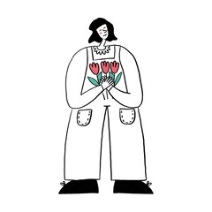 Gardening woman outline illustration. Simple spring card with woman gardener on white background. 