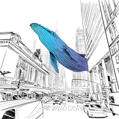 Fantasy illustration. Whale swims in the New York city.  © romanya