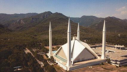 Aerial View to the Main Faisal Mosque, on the foothills of Margalla Hills in Islamabad capital city, Pakistan