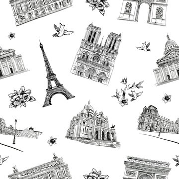 Seamless pattern Paris city decorative elements. France. Backgrounds