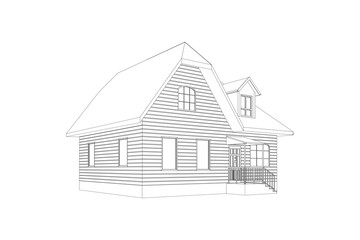 3D suburban house model. Drawing of the modern building. Cottage project on white background. Vector blueprint.