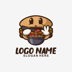 burger is eating ramen art logo design