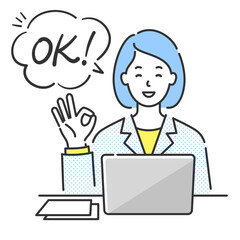 ノートパソコンの前に座ってOKサインを出す若い女性の上半身イラストと吹き出し