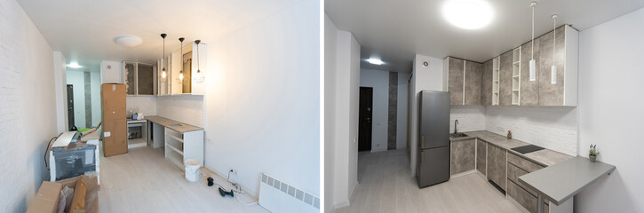 Renovation before and after - empty apartment room, new and old - obrazy, fototapety, plakaty
