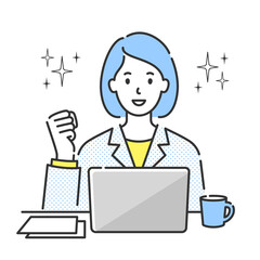 ノートパソコンの前に座ってガッツポーズをする若い女性の上半身イラスト