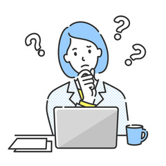 ノートパソコンの前に座って悩んでいる若い女性の上半身イラスト