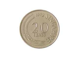 Obverse of Singapore coin 20 cents 1972 isolated with white background