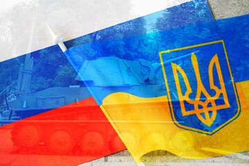 Relations between Ukraine and russia. Flag of the two countries. Ukraine and Russia two folded flags