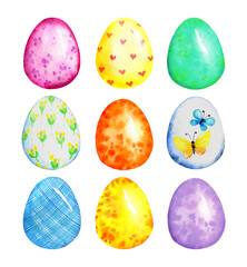 Watercolor happy easter egg set. Colorful Easter eggs, egg hunting , easter bunny greeting, postcard, design