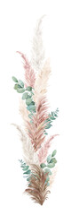 Watercolor pampas grass border, garland. Boho dried grass and leaves neutral colors bouquet. Botanical nature design isolated on white. Bohemian style wedding invitation, greeting, card, postcard