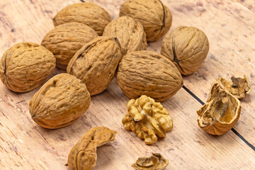 fresh walnut on wooden background