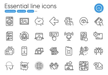 Return package, Canister oil and Face scanning line icons. Collection of New mail, Cashback card, Laundry icons. Photo, Cardboard box, Smartphone holding web elements. Report document. Vector