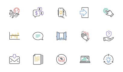 Open door, Stock analysis and Clapping hands line icons for website, printing. Collection of Chat, Login, Idea icons. Electric app, Graph laptop, Copy documents web elements. Vector