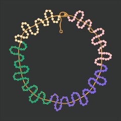Colorful beaded necklace on a black background. Feminine design, retro outfit element. Flat design, cartoon, vector illustration.