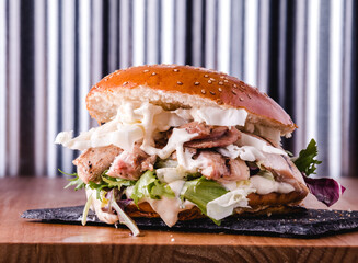 grilled chopped chicken burger with lettuce and mayonnaise