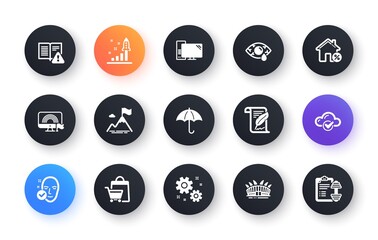 Minimal set of Mountain flag, Work and Ð¡onjunctivitis eye flat icons for web development. Development plan, Sale bags, Loan house icons. Instruction manual, Lgbt, Umbrella web elements. Vector