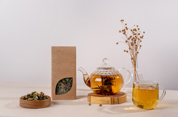 Organic tea branding and packaging mockup. Blank tea packaging mockup with tea. Kraft paper pack...