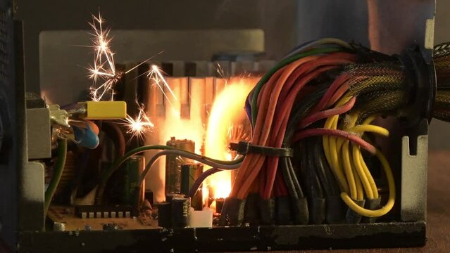 Ignition of the computer power supply, short circuit, close-up, selective focus. A fire in the apartment from household electrical appliances.