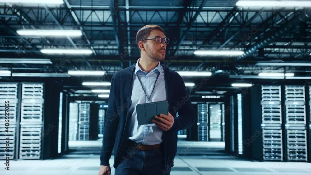 Aufkleber Male IT Specialist Walks Between Row of Operational Server Racks in Data Center. Engineer Uses Tablet Computer for Maintenance. Concept for Cloud Computing, Artificial Intelligence, Cybersecurity.