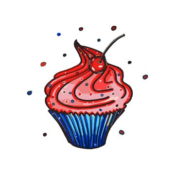 Hand-drawn pink and red cupcake, muffin in a blue basket. Pastel and gouache in style. Picture of air baking. Bakery and lush pastries. For confectionery, website, food packaging, banner, menu.