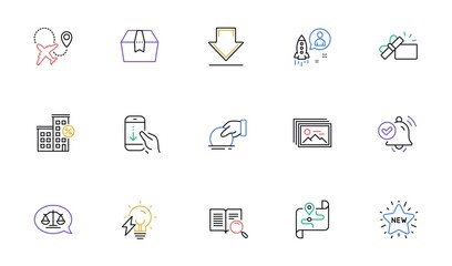 Startup, Search text and Donate line icons for website, printing. Collection of Package box, Image gallery, Justice scales icons. Scroll down, Notification received, Loan house web elements. Vector