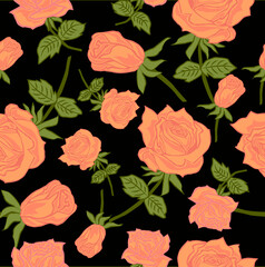 seamless pattern of rose flowers on a black background
