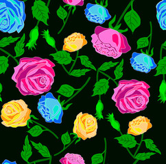 seamless pattern of rose flowers on a black background