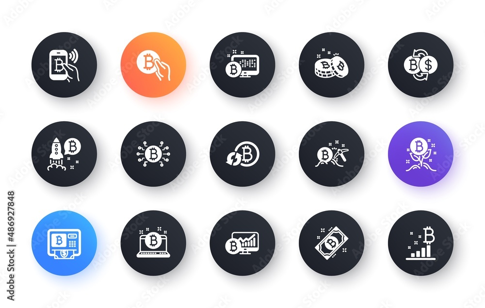 Poster cryptocurrency icons. blockchain, crypto ico and bitcoin. mining classic icon set. circle web button