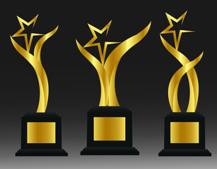 Golden star trophy award of different shape realistic set isolated on gradient background vector illustration.