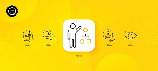 Fototapeta na wymiar User, Bitcoin pay and Algorithm minimal line icons. Yellow abstract background. Health eye, Mail app icons. For web, application, printing. Project manager, Cryptocurrency coin, Developers job. Vector