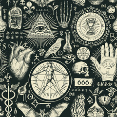 Hand-drawn seamless pattern on a theme of occultism, satanism and witchcraft in vintage style. Abstract vector background with ominous sketches. Chalk drawings on a black backdrop