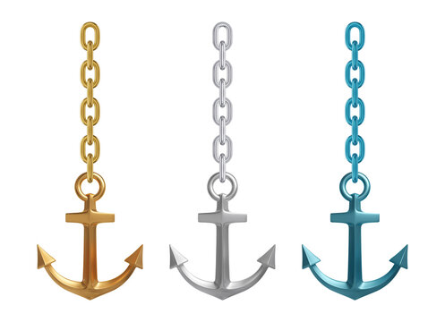 Realistic metallic, golden and blue anchors with chains. Vector illustration.