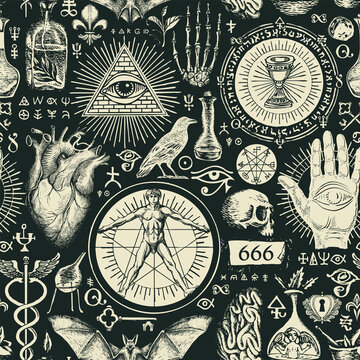 Hand-drawn seamless pattern on a theme of occultism, satanism and witchcraft in vintage style. Abstract vector background with ominous sketches. Chalk drawings on a black backdrop