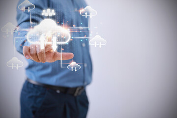 Technology business transformation data concept. Businessman touching virtual cloud computing to transfer database. information upload, download application.