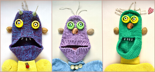3 funny monsters made from knitted socks family portraits mom dad and son
