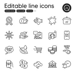 Set of Business outline icons. Contains icons as Cloud share, Tips and Quick tips elements. Court building, Lightweight, Volunteer web signs. Translation service, Discount medal. Vector