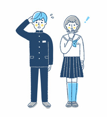 困った表情の学生服を着た男女