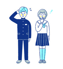 困った表情の学生服を着た男女