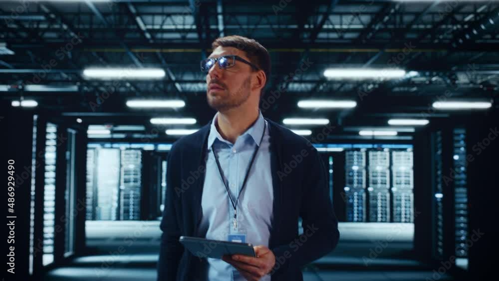 Aufkleber Successful Data Center IT Specialist Using Tablet Computer. Server Farm Cloud Computing Facility with System Administrator Working. Data Protection Engineering Network for Cyber Security.