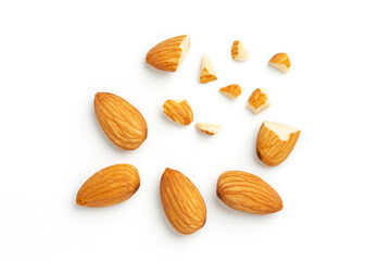 Almonds Top view isolated on a white background