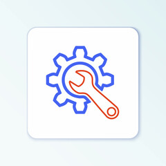 Line Wrench and gear icon isolated on white background. Adjusting, service, setting, maintenance, repair, fixing. Colorful outline concept. Vector
