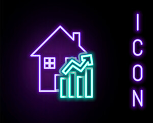 Fototapeta premium Glowing neon line Rising cost of housing icon isolated on black background. Rising price of real estate. Residential graph increases. Colorful outline concept. Vector