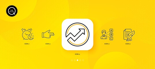 Fototapeta na wymiar Alarm, Audit and Feather signature minimal line icons. Yellow abstract background. Click hand, Opinion icons. For web, application, printing. Night clock, Arrow graph, Feedback. Vector