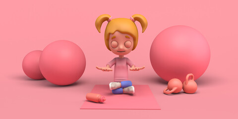 Girl practicing yoga on mat with water bottle and weights. Copy space. 3D illustration. Cartoon.
