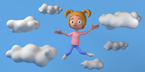 Girl flying above a cloud in the sky. Copy space. 3D illustration. Cartoon.