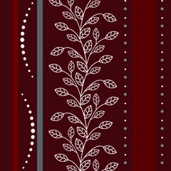 Stylish pattern of circles and stripes and leaves in burgundy, gray and white colors for backgrounds, wallpapers, textiles