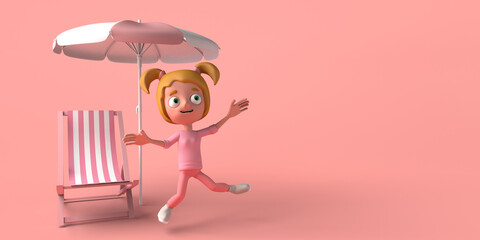 Girl jumping next to beach chair and umbrella. Vacation concept. Copy space. 3D illustration. Cartoon.