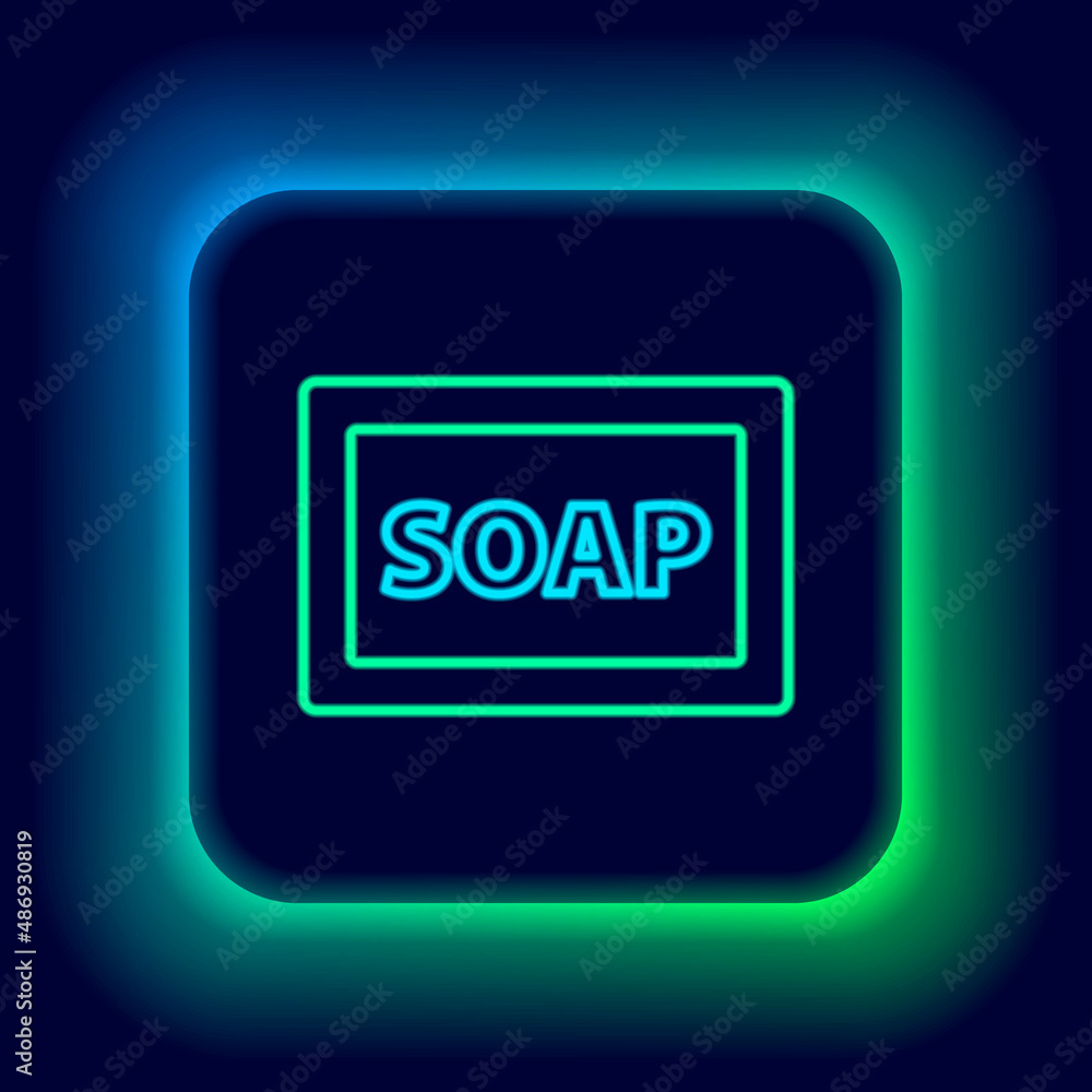 Poster glowing neon line bar of soap with foam icon isolated on black background. soap bar with bubbles. co